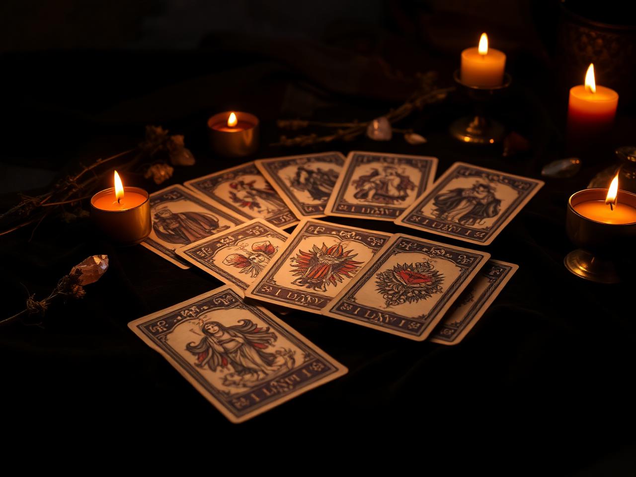 Cartas do Tarot Cigano dispostas à luz de velas